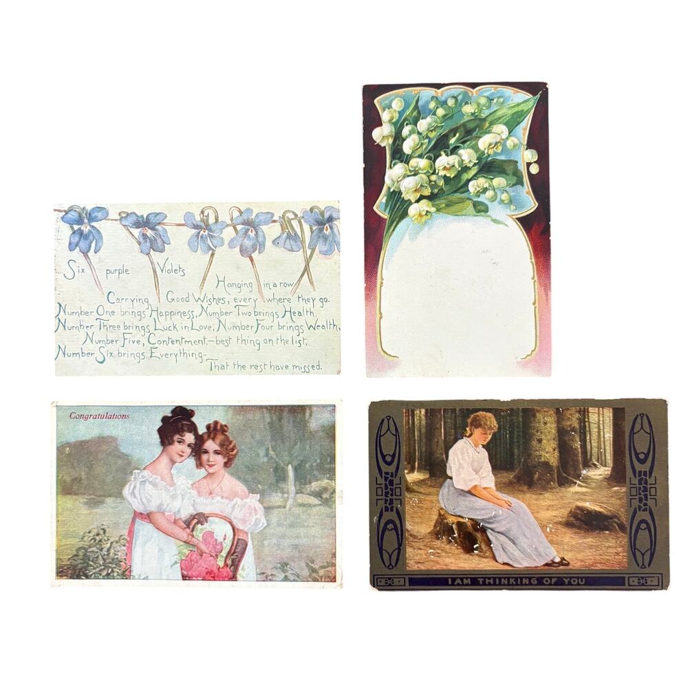 Antique Postcards Women Flowers Nature Lot of 4 Early 1900s Embossed Gilt